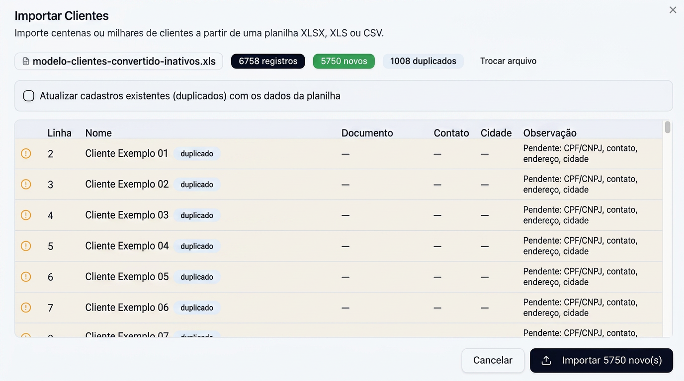 Tela de importação de clientes mostrando 6758 registros, 5750 novos e 1008 duplicados